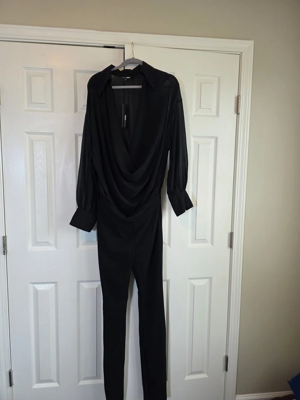 NWT Fashion Nova Flora Belle Chiffon Cowl Neck Jumpsuit Black Size M